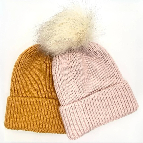 Anthropologie Accessories - NWOT Anthropologie Pick-A-Pom Knit Beanie Set Pink / Mustard Yellow
